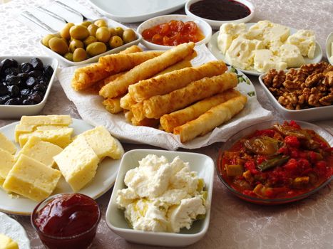 Weekend breakfast enjoyment. Brunch time. morning breakfast. classic Turkish breakfast