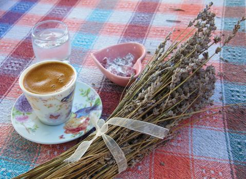 turkish coffee made of lavender flowers. lavender flavored flavor. served with turkish delight