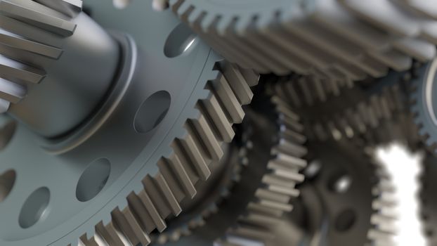 Gear metal wheels close-up. 3D ollustration, DOF effect