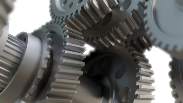 Gear metal wheels close-up. 3D ollustration, DOF effect