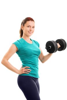 A portrait of a beautiful fit young girl holding a dumbbell, isolated on white background. Beautiful fit young girl lifting a dumbbell, isolated on a white background.