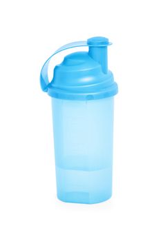 Blue protein shaker isolated on white background.