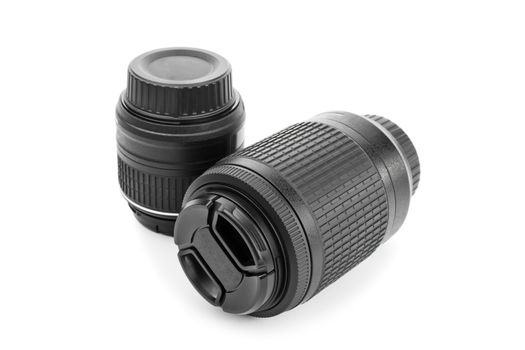 Two camera lenses isolated on white background.