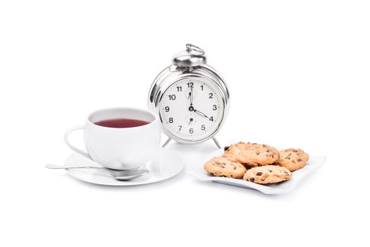 Cup of tea with tea pot, cookie and alarm clock, isolated on white background.