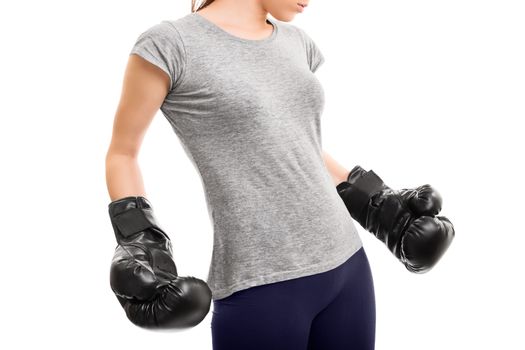 A close up shot of  mid section of a fit female boxer, isolated on white background.