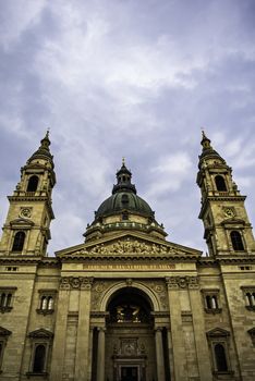 Close up central view of St. Stephen's Basilica in Budapest on a beautiful day.