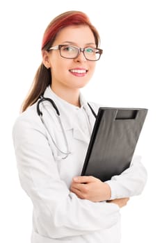 Portrait of a beautiful young doctor holding a clipboard, isolated on white background.