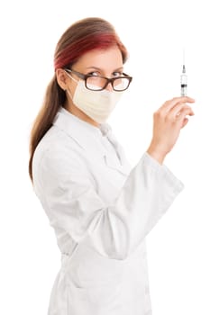Prevention is very important. Beautiful young doctor wearing surgical mask and holding a syringe with needle, isolated on white background.
