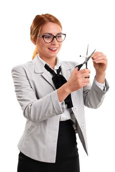 Young modern business woman cutting a cigarette with scissors, isolated on a white background.