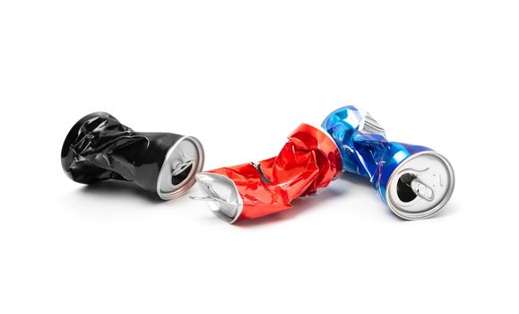 Compressed, broken aluminum cans isolated on white background closeup