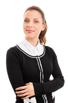 Portrait of a young confident student girl with folded arms, isolated on white background.