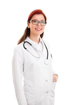 Close up of a confident and smiling young female doctor with a  stethoscope, isolated on white background.
