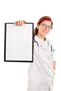 This is interesting to see. Beautiful young female doctor showing a blank clipboard,  isolated on white background.
