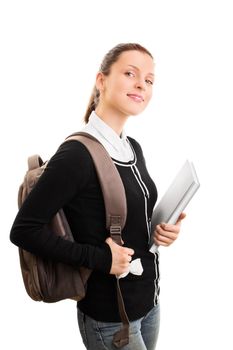 First day at school, college, uni. Young girl with books and backpack smiling, isolated on white background. Back to school, finally!