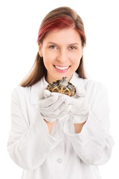 I love animals. Close up shot of a beautiful smiling young veterinarian holding a pet turtle, isolated on white background.