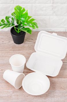 Eco friendly biodegradable paper dishes and glass on wooden background.