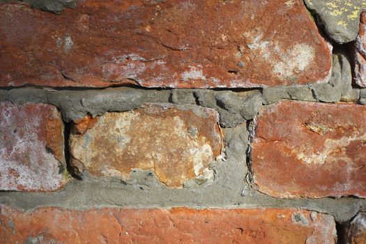 Ancient brickwork of burnt brick with a pronounced texture.