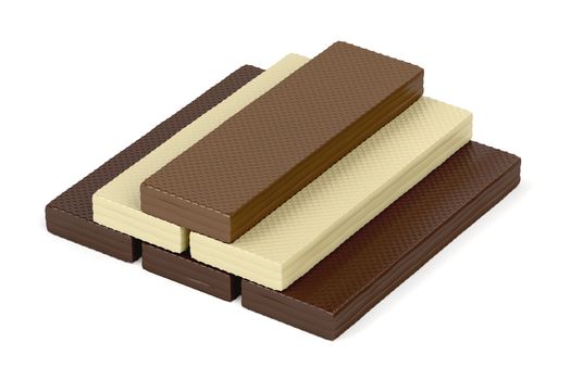 Wafers with different types of chocolate on white background