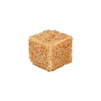Close up one brown demerara sugar cube isolated on white background, side view