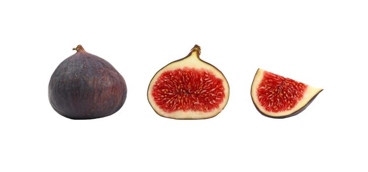 Close up one whole fresh ripe fig fruit with cut half and quarter slice isolated on white background, low angle side view