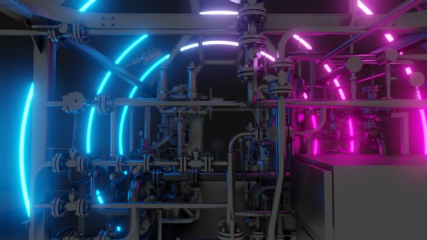 Abstract Industrial Equipment with Neon Lights. Ultraviolet light. 3D illustration