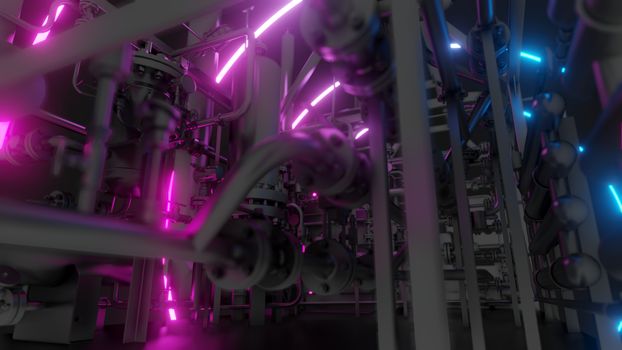 Abstract Industrial Equipment with Neon Lights. Ultraviolet light. 3D illustration