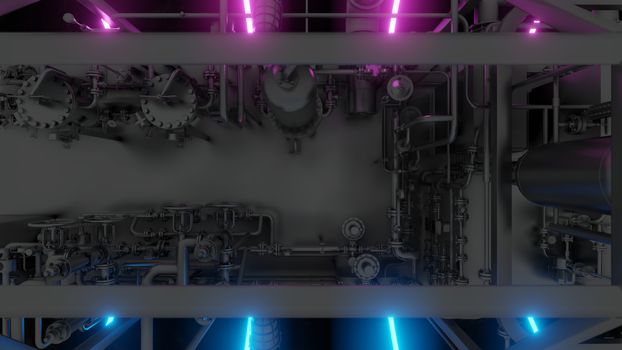 Abstract Industrial Equipment with Neon Lights. Ultraviolet light. 3D illustration