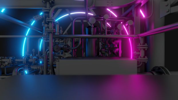 Abstract Industrial Equipment with Neon Lights. Ultraviolet light. 3D illustration