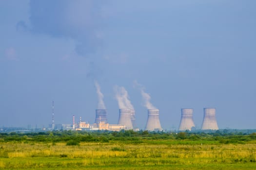 NPP like Chernobyl working. Soviet nuclear station. Power plant produces electricity