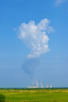 Soviet NPP nuclear station operation far. Power plant produces electricity