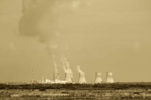 Radiation NPP like Chernobyl working. Soviet nuclear station. Power plant produces electricity