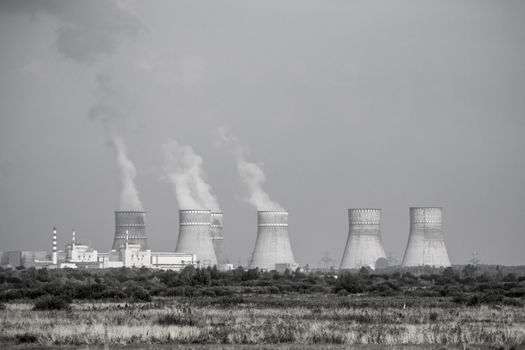 Radiation NPP like Chernobyl. Soviet nuclear station. Power plant produces electricity