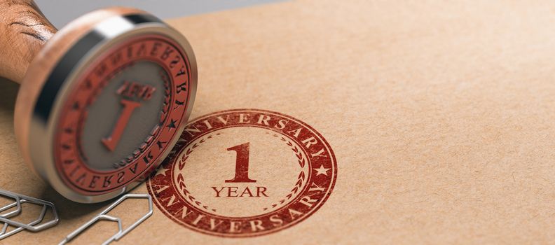 Rubber stamp with the text one year anniversary printed on a brown paper. Celebration card background. 3d illustration