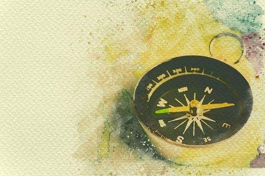 Compass on paper map. Digital watercolor painting effect. Copy space for text.