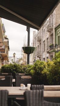 Beautiful summer terrace of the open-type restaurant. Beautiful view of the summer terrace of the restaurant