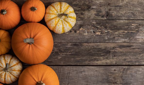 Many orange pumpkins on wooden background , Halloween concept , top view with copy space