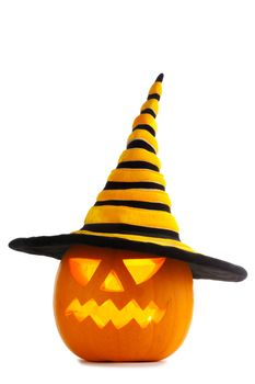 Jack O Lantern Halloween pumpkin with witches hat isolated on white background