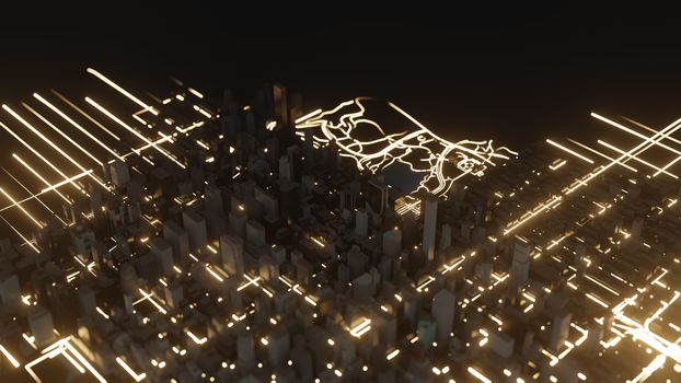 Modern city traffic road at night. Cyberpunk style 3D illustration