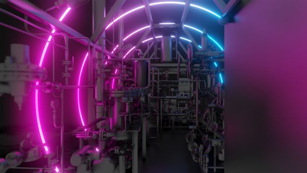 Abstract Industrial Equipment with Neon Lights. Ultraviolet light. 3D illustration