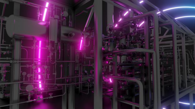 Abstract Industrial Equipment with Neon Lights. Ultraviolet light. 3D illustration