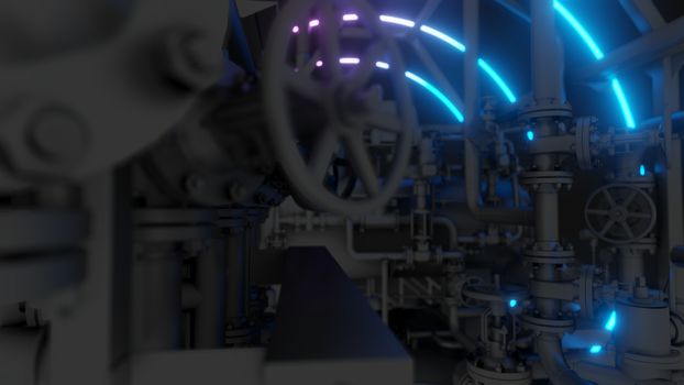 Abstract Industrial Equipment with Neon Lights. Ultraviolet light. 3D illustration