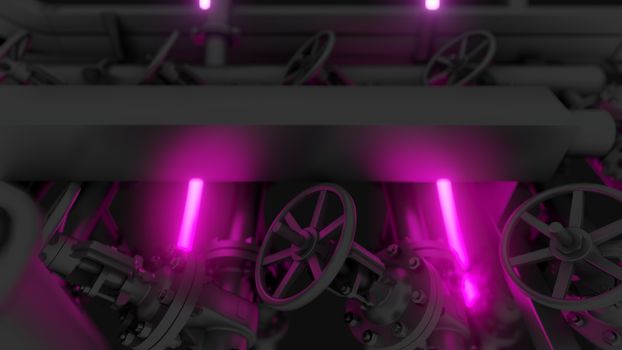 Abstract Industrial Equipment with Neon Lights. Ultraviolet light. 3D illustration