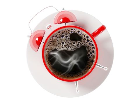 red cup of coffee in the shape of an alarm clock isolated on a white background, 3d render