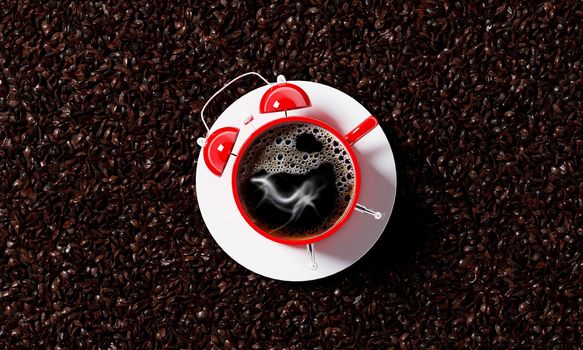 red cup of coffee in the shape of an alarm clock isolated on a background with coffee beans, 3d render