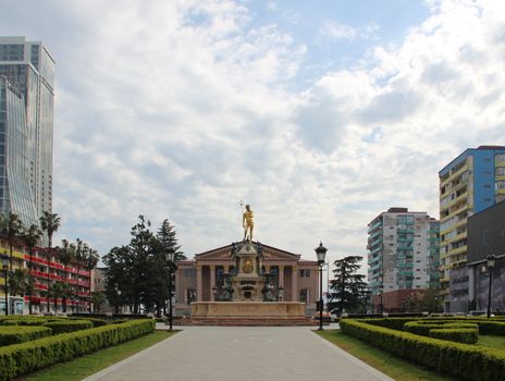 Theater Square, Fountain with a statue of Neptune and Batumi State Drama Theater named after and. Chavchavadze, summer, Georgia, Batumi