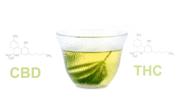 marijuana herbal tea with cbd and thc chemical symbol