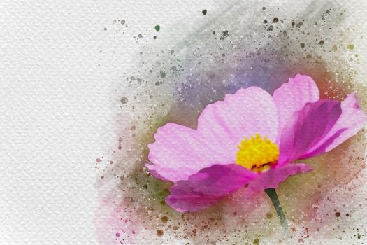 Pink flower in meadow. Digital watercolor painting effect. Copy space for text.