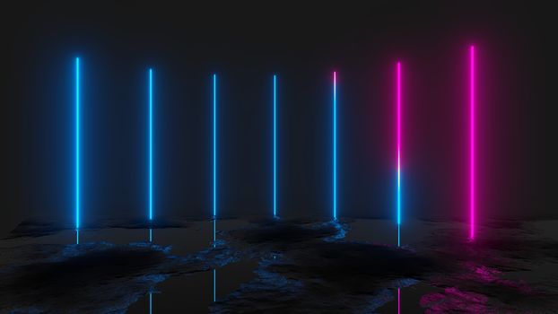 Glowing vertical neon lines, abstract background, 3D illustration