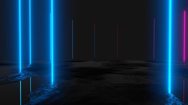 Glowing vertical neon lines, abstract background, 3D illustration