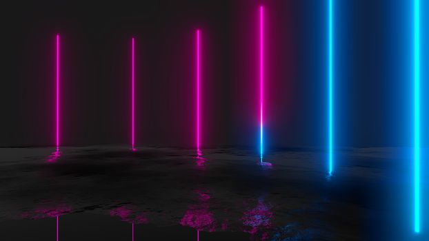 Glowing vertical neon lines, abstract background, 3D illustration